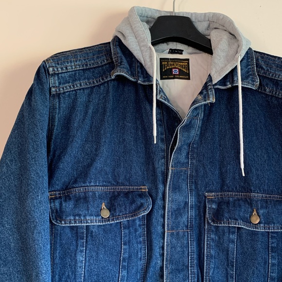 Vintage Trailmaster New York Los Angeles Blue Jean Cotton Denim Hooded Jacket XL - Picture 2 of 16